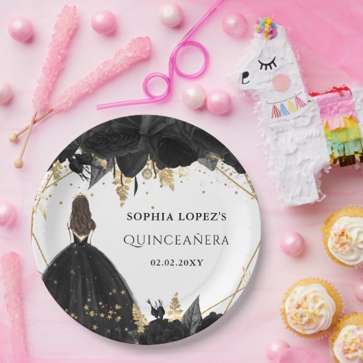Rustikale Schwarze Gold-Blütenprinzessin Quinceane Pappteller (Party)