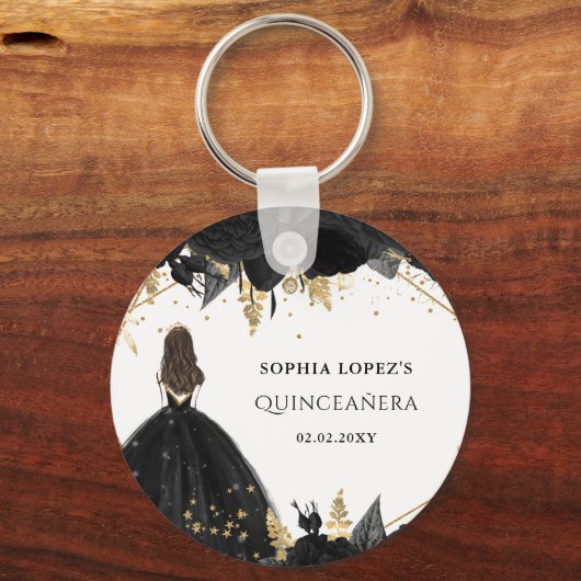 Rustikale Schwarze Gold-Blütenprinzessin Quinceane Schlüsselanhänger (Vorderseite)