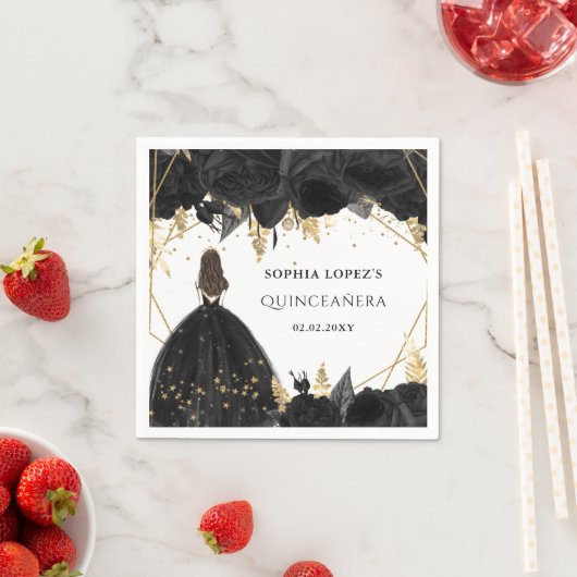 Rustikale Schwarze Gold-Blütenprinzessin Quinceane Serviette (Beispiel)