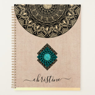 Rustikale schwarze Gold-Mandala beige Jute Namens- Planer