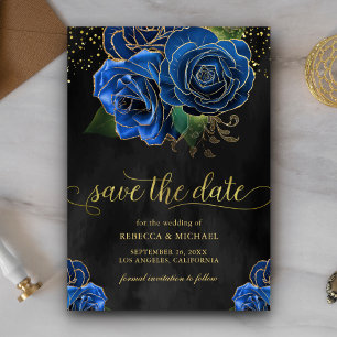 Rustikale Schwarze Goldene Königlich Blaue Florale Save The Date