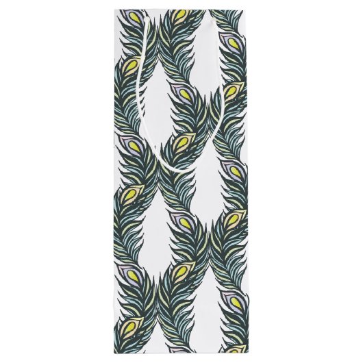 Rustikale schwarze, grüne und weiße Pfauenfedern Geschenktüte Für Weinflaschen (Rückseite)