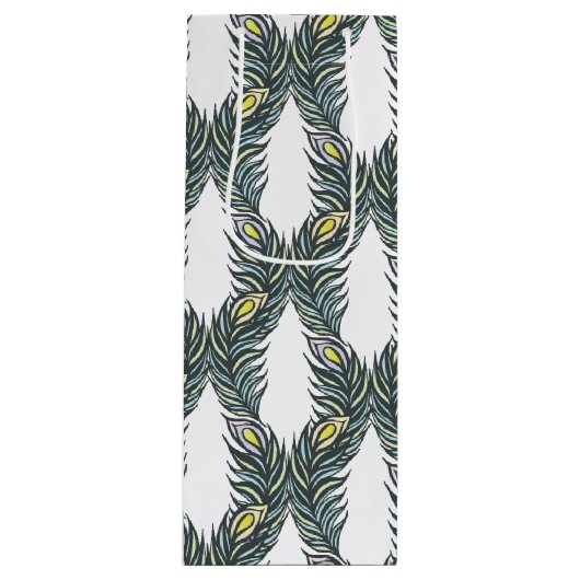 Rustikale schwarze, grüne und weiße Pfauenfedern Geschenktüte Für Weinflaschen (Vorderseite)