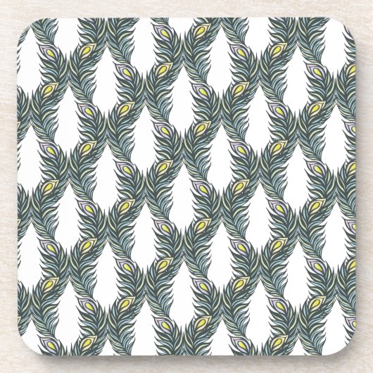 Rustikale schwarze, grüne und weiße Pfauenfedern Getränkeuntersetzer (Vorderseite)