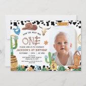 Rustikale schwarze Kuh Print Cowboy Rodeo 1. Gebur Einladung (Vorderseite)