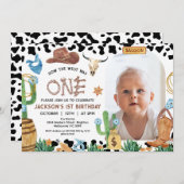 Rustikale schwarze Kuh Print Cowboy Rodeo 1. Gebur Einladung (Vorne/Hinten)