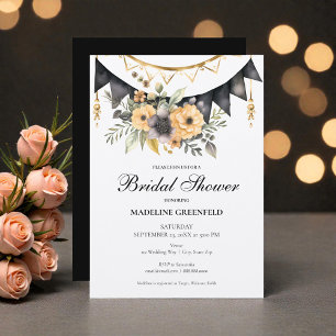 Rustikale schwarze und pfirsichfarbene Floral-Brau Einladung