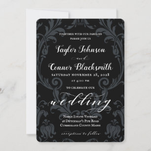 Rustikale Schwarzschmiedekalligraphie Black Damask Einladung