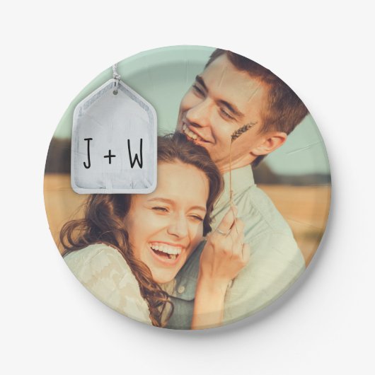 Rustikale Scrapbook-Initialen und Foto-Hochzeit Pappteller (Vorderseite)