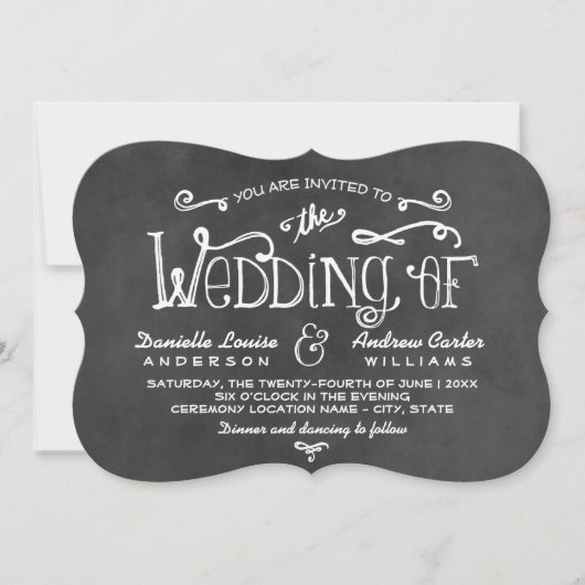Rustikale Script Black Chalkboard Hochzeit Einladung (Vorderseite)