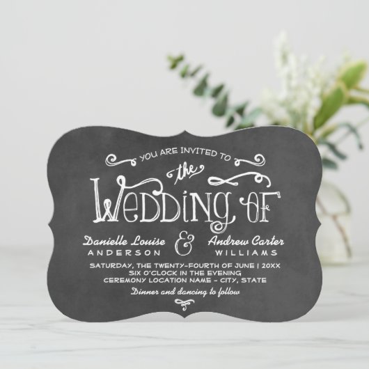 Rustikale Script Black Chalkboard Hochzeit Einladung (Stehend Vorderseite)