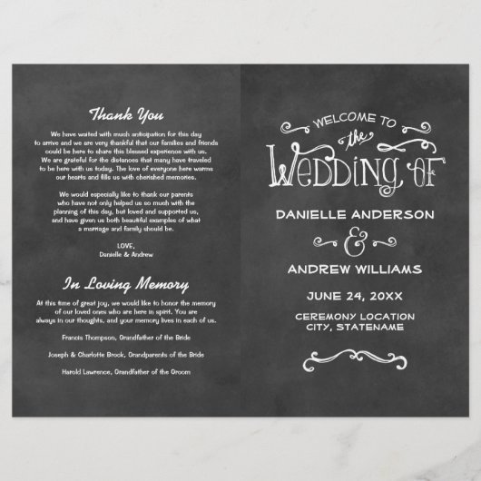 Rustikale Script Black Chalkboard Hochzeitsprogram (Vorderseite)