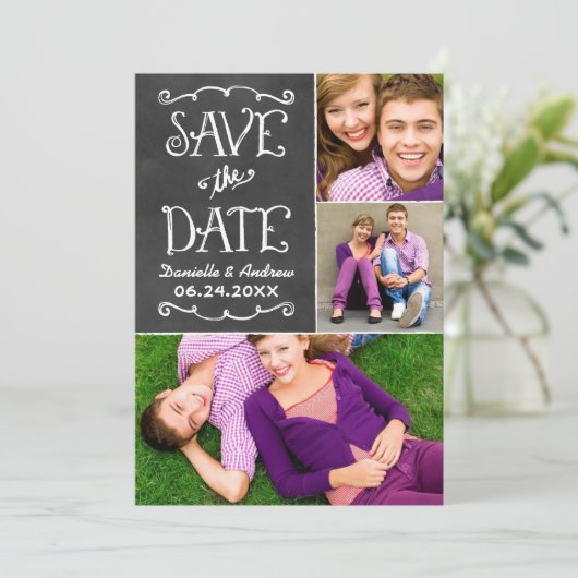 Rustikale Script Chalkboard Wedding Black Save The Date (Stehend Vorderseite)