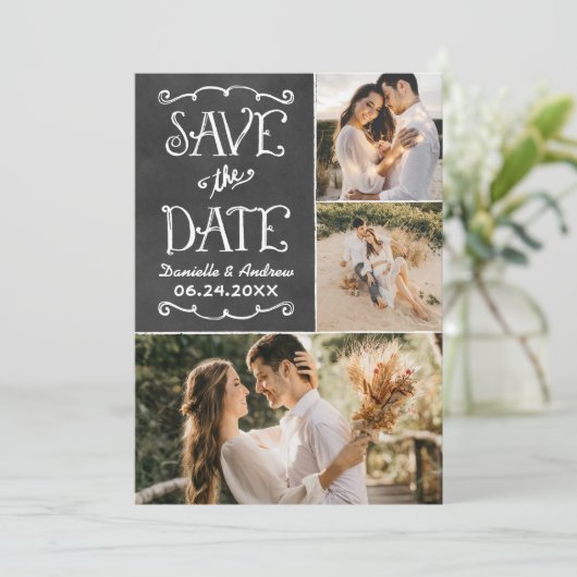Rustikale Script Chalkboard Wedding Black Save The Date (Stehend Vorderseite)