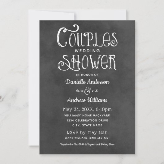 Rustikale Script Chalkboard Wedding Couples Dusche Einladung (Vorderseite)