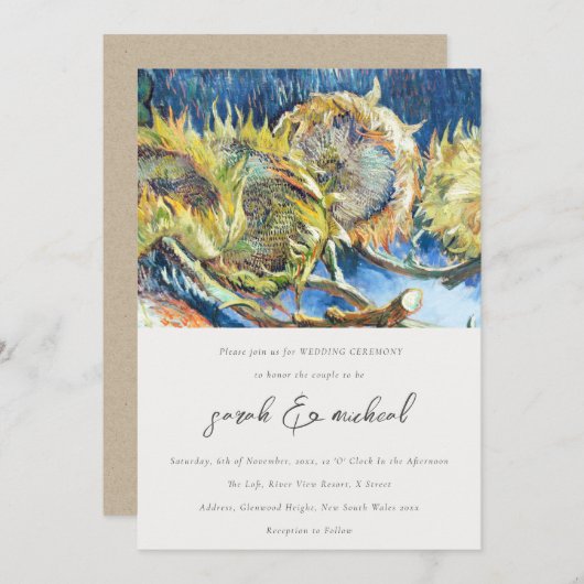 Rustikale Script Minimal Gelbe Sonnenblume Hochzei Einladung (Vorne/Hinten)