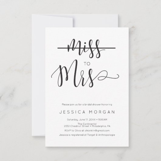 Rustikale Script Miss zu Mrs. Brautparty Einladung (Vorderseite)