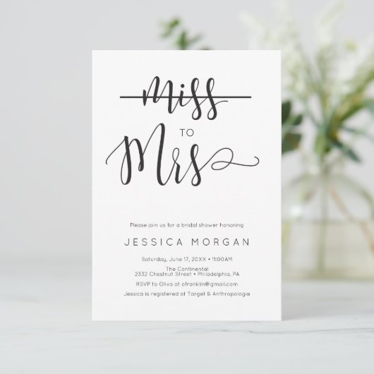 Rustikale Script Miss zu Mrs. Brautparty Einladung (Stehend Vorderseite)