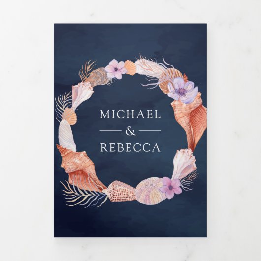 Rustikale Seashells Hochzeit des QR-Codes der Naut Dreifach Gefaltete Einladung (Cover)