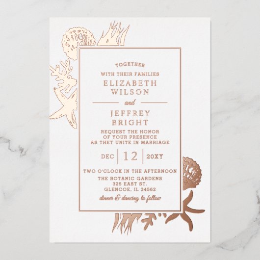 Rustikale Seashells Meeres Beach Hochzeit Folieneinladung (Vorderseite)