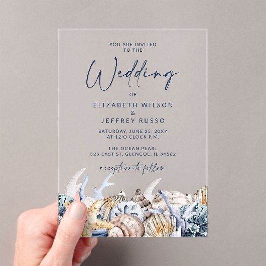 Rustikale Seashells Ocean Sea Summer Beach Hochzei Acryleinladungen (Insitu (Handheld))