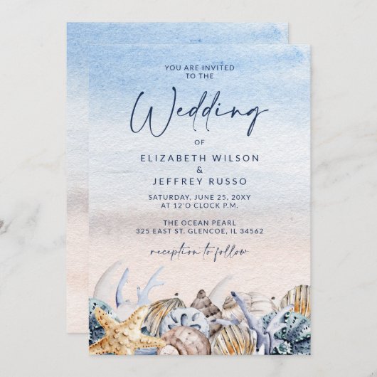 Rustikale Seashells Ocean Sea Summer Beach Hochzei Einladung (Vorne/Hinten)