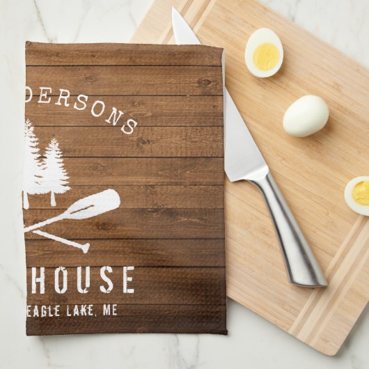 Rustikale See House Boat Oars Trees Wood Print Geschirrtuch (Viertel Falte)