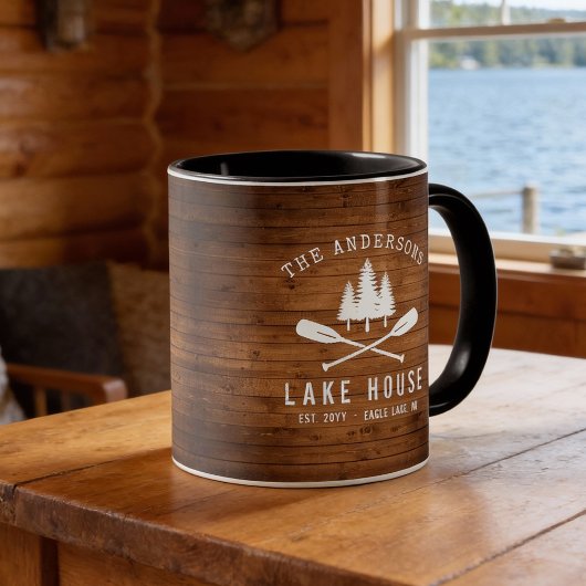 Rustikale See House Boat Oars Trees Wood Print Tasse