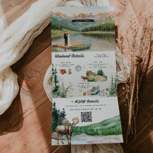 Rustikale Seenlandschaft Berg Illustrierte Hochz Dreifach Gefaltete Einladung