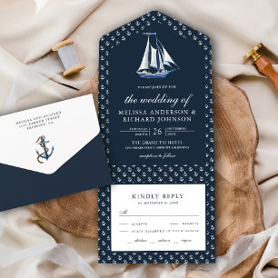 Rustikale Segelboot-Nautik-Hochzeit in Marineblau All In One Einladung