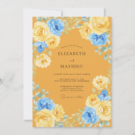 Rustikale Senfblaue Blütenhochzeit Einladung (Vorderseite)