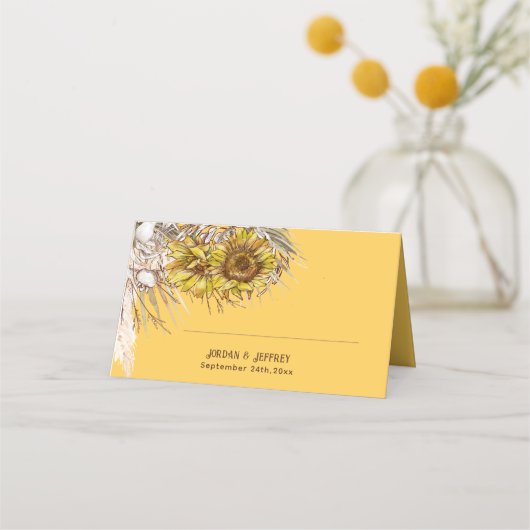Rustikale Senfblumen geflochtene Platzkarte (Vorderseite)