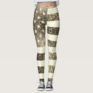 Rustikale Sepia goldfarbene Glitzern USA Flagge 4. Leggings