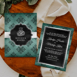 Rustikale Silber Teal Schwarze Damast Muslimische  Einladung