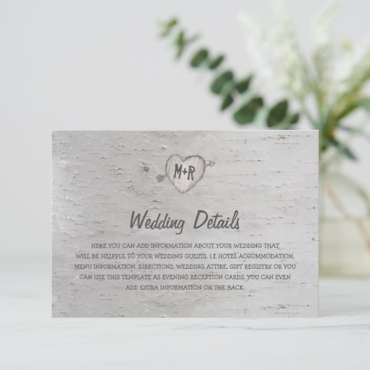 Rustikale Silberbaum-Hochzeitsdetails Einladung (Stehend Vorderseite)