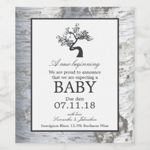 Rustikale Silver Birch Tree Baby Ankündigung Weinetikett