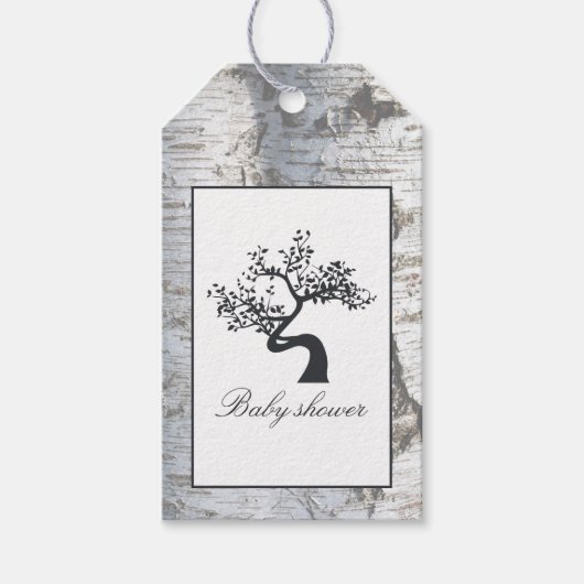 Rustikale Silver Birch Tree Babydusche Geschenkanhänger (Vorderseite)