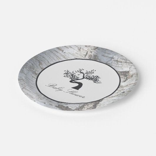 Rustikale Silver Birch Tree Babydusche Pappteller (Schrägansicht)