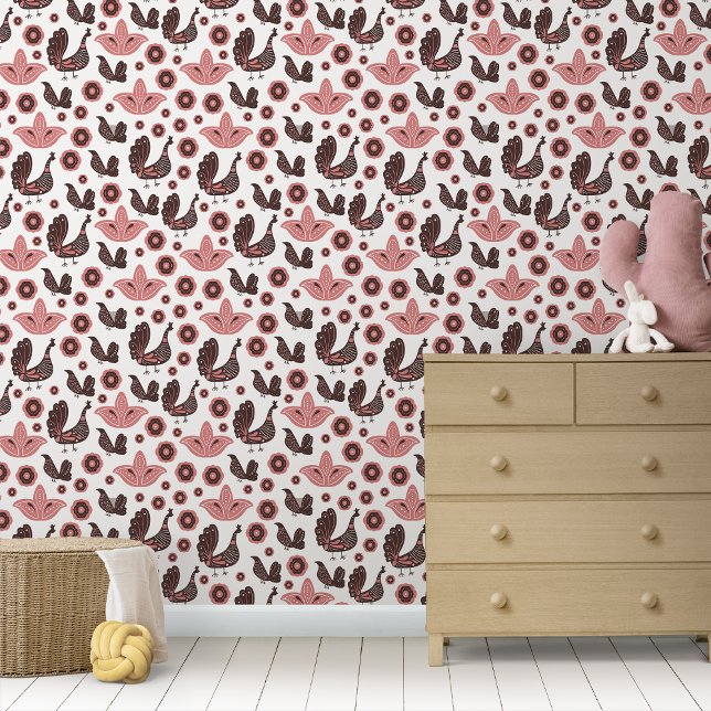 Rustikale skandinavische Folklore Nordische Vögel Tapete (Rustic Scandinavian Folklore Nordic Birds Wallpaper)