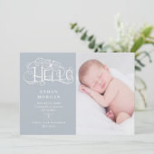 rustikale Skriptschmetterling-Blue-Geburtsankündig Einladung (Stehend Vorderseite)