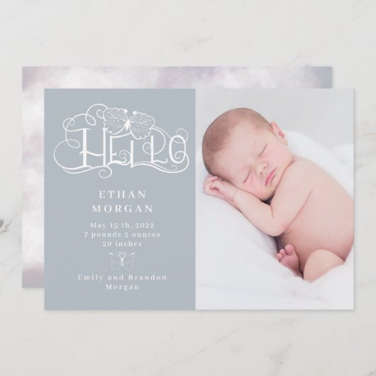 rustikale Skriptschmetterling-Blue-Geburtsankündig Einladung (Vorne/Hinten)