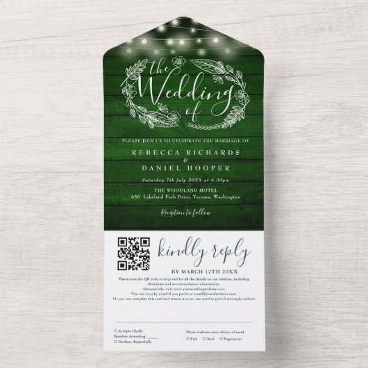 Rustikale Smarald Green String Lights QR Code Wedd All In One Einladung (Innen Boden)