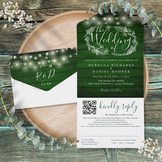 Rustikale Smarald Green String Lights QR Code Wedd All In One Einladung