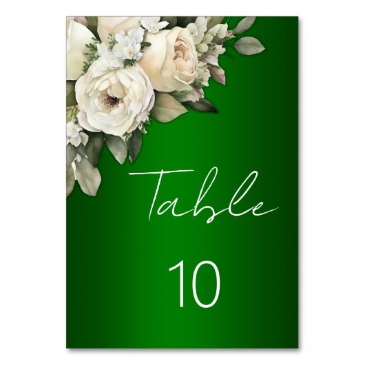 Rustikale Smarald Green White Rose Bouquet Wedding Tischnummer (Vorderseite)