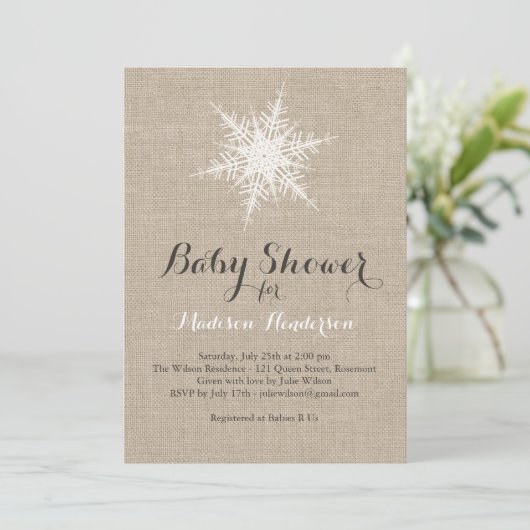 Rustikale Snowflake Babydusche Einladung (Stehend Vorderseite)