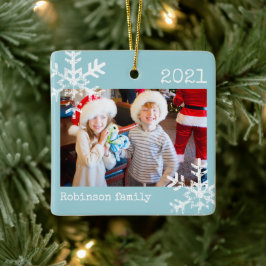 Rustikale Snowflake-Familie Blaues Licht Keramikornament