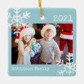 Rustikale Snowflake-Familie Blaues Licht Keramikornament (Vorderseite)