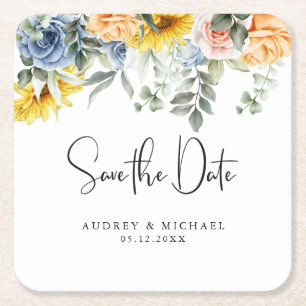 Rustikale Sommer-Blumen-Hochzeit Save-Date Rechteckiger Pappuntersetzer