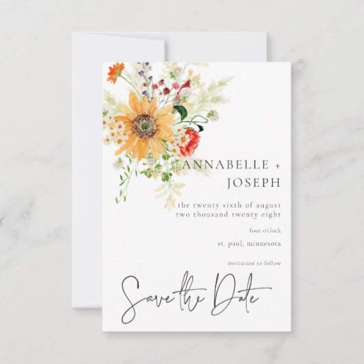 Rustikale Sommer-Wildblumen & Sonnenblumen Save The Date (Vorderseite)