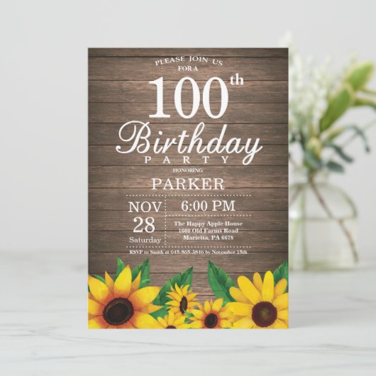 Rustikale Sonnenblume 100. Geburtstag Einladung (Stehend Vorderseite)